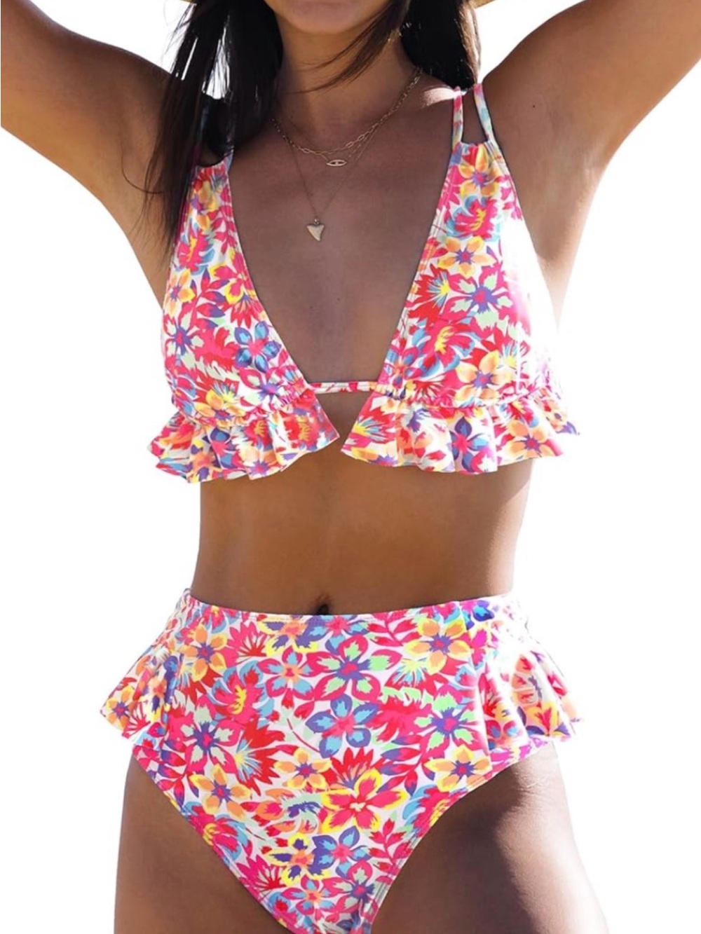 SPORLIKE Women High Waisted Swimsuit Ruffle V Neck Bikini Two Pieces Swimwear